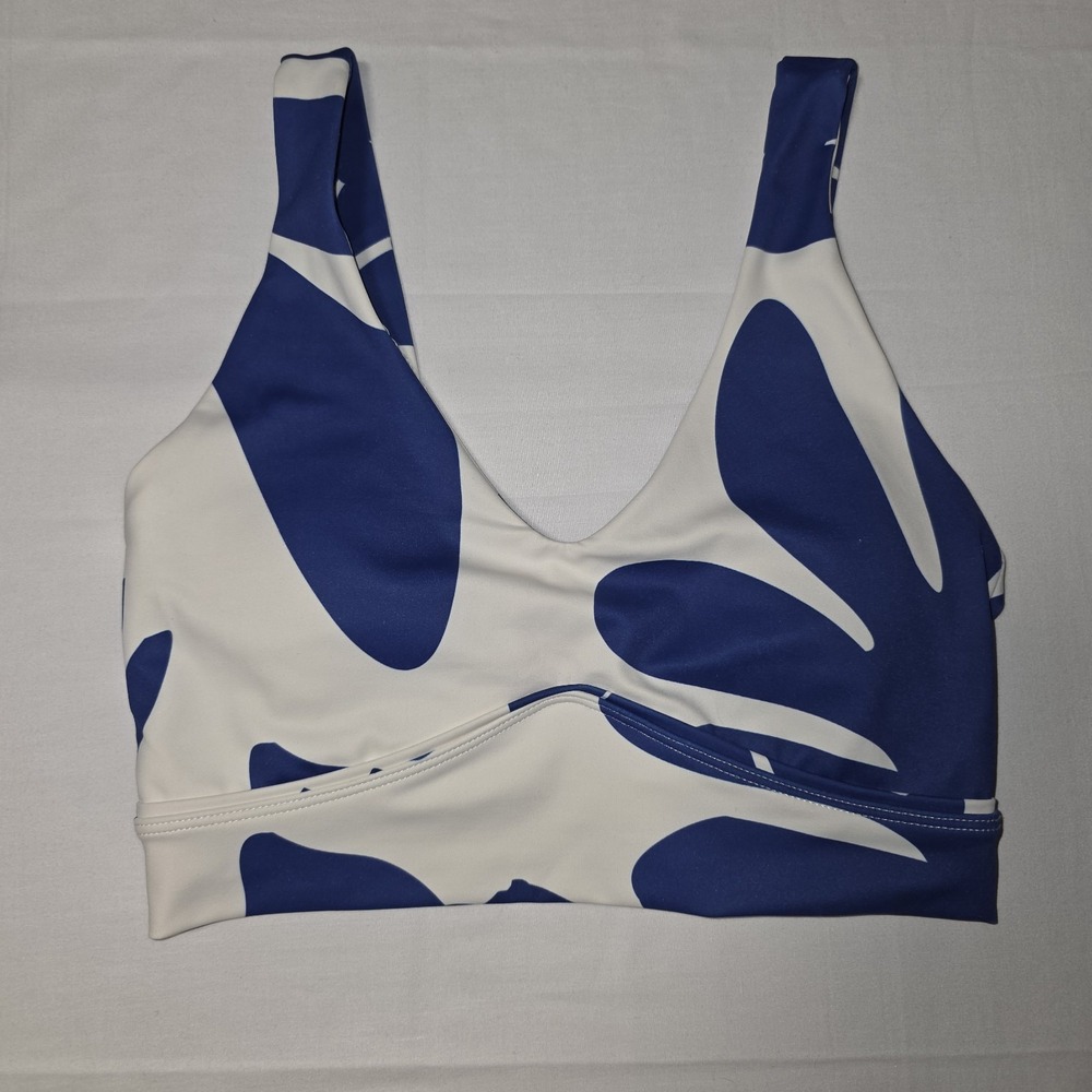 Wilo The Label Sports Bra V Neck Blue White Abstract Padded High Support Size S